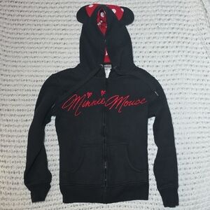 Disney Black Hoodie with Red Minnie Mouse Script and Ear-Detail Hood